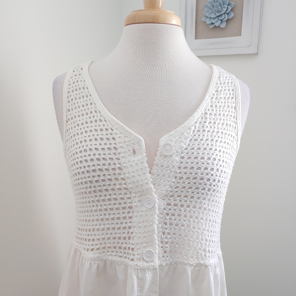 Baja Blue Boho Vintage Sheer Crochet Button Down Mini Dress White Medium - Picture 2 of 9